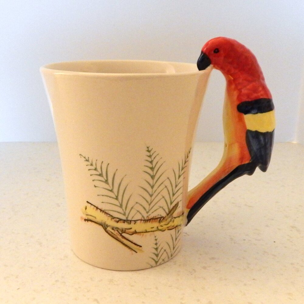 Pier 1 Coffee Cup w/Parrot Handle, Hand Painted, Holds 16oz, Like New